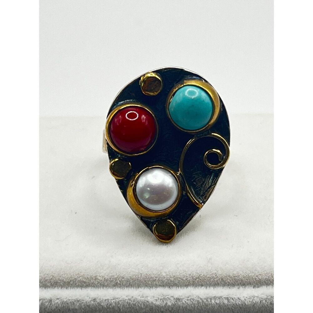 STERLING SILVER .925 Turquoise, Pearl & Coral Bead Ring 9.5